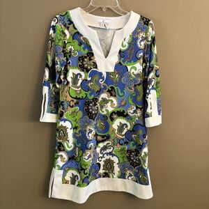 Jude Connally Tunic Dress Size‎ Small Blue Green Paisley V Neck 3/4 Split Sleeve